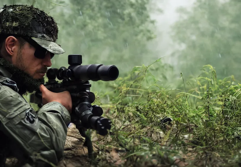 Prompt: tactical sniper hiding in the jungle rain diffuse elegant prefect symmetrical focus foggy mist metal gear menacing assault looking through scope