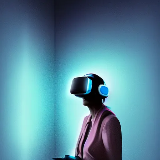 Image similar to digital art of a woman playing with a vr headset in a cyan and purple lit room greg rutkowski style