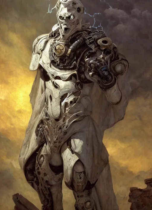 Prompt: portrait of a diabolical marble stone cyborg, wearing torn white cape, dynamic pose, glowing eyes, post apocalyptic ancient ruins, glowing veins subsurface scattering, in clouds, sunset, portrait, by gerald brom, by mikhail vrubel, by peter elson, muted colors, extreme detail, trending on artstation, 8 k