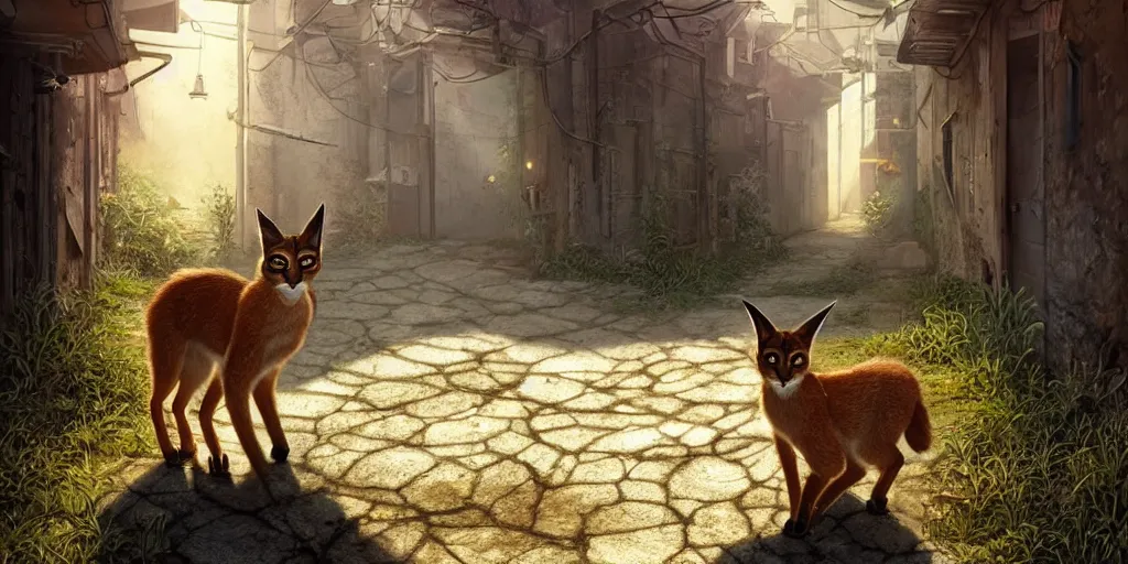 Image similar to a cute caracal in an abandoned alleyway, medium shot, waist up, studio Ghibli, Pixar and Disney animation, sharp, very detailed, high resolution, Rendered in Unreal Engine 5, anime key art by Greg Rutkowski, Bloom, dramatic lighting