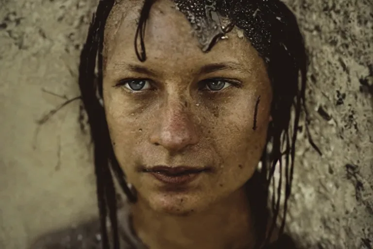 Image similar to a closeup cinematic!! headshot photograph!! of a beautiful female homeless war veteran, stood in a tunnel, rain, dirt, film still, cinematic lighting, by bill henson