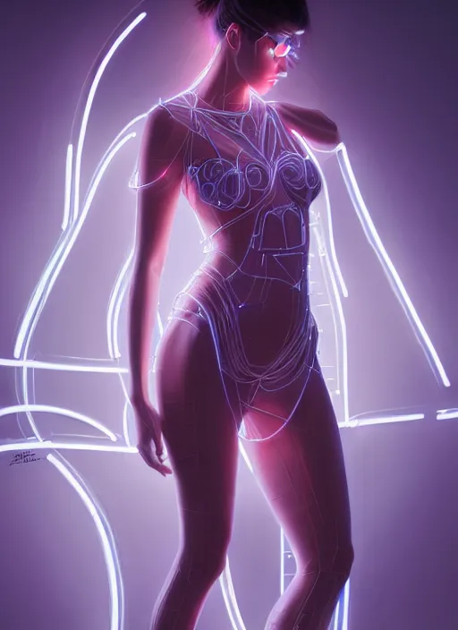 Image similar to a portrait of female humanoid in transparent fashion wear, intricate, elegant, cyber neon lights, highly detailed, digital photography, trending in artstation, glamor pose, concept art, smooth, sharp focus, art by artgerm and greg rutkowski
