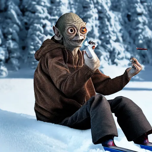 Image similar to Gollum on snowboard with cigarette in mouth, ultra realistic, 8k , beautiful eyes, high detailed