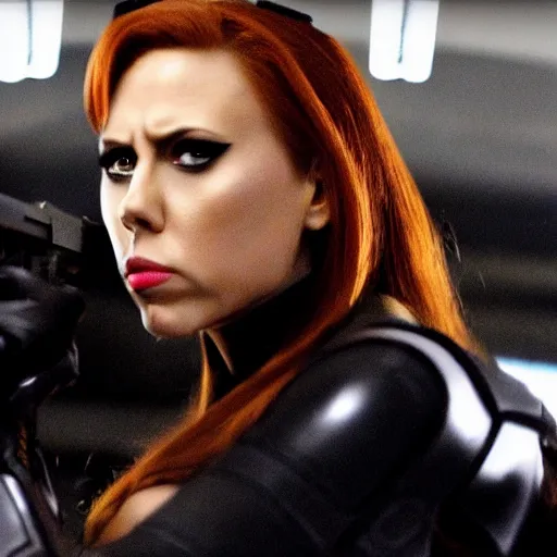 Image similar to a still frame of nicholas cage as black widow, from the 2 0 1 2 film the avengers