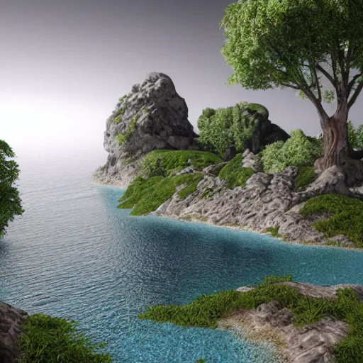 Image similar to myst island, 3d render, original, photorealistic