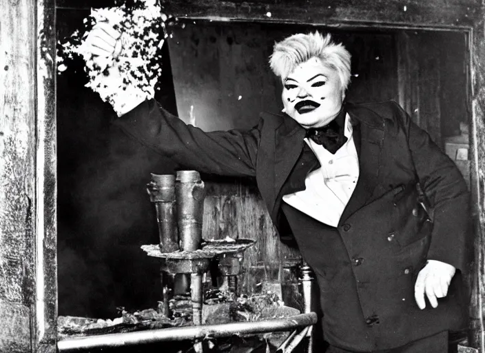 Prompt: photo still of rip taylor at a burning saloon 1 9 1 5!!!!!!!! at age 5 4 years old 5 4 years of age!!!!!!! throwing confetti from a bucket, 8 k, 8 5 mm f 1. 8, studio lighting, rim light, right side key light