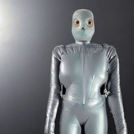 Prompt: little green man Whitley Streiber Roswell grey alien female babe in a tight fitting spacesuit