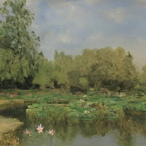 Prompt: lotus pond, Adolph Menzel