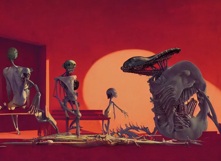 Prompt: still from the bachelor byfrancis bacon and edward hopper and james gilleard, zdzislaw beksinski, by greg rutkowski, exotic vegetation, tristan eaton, victo ngai, vibrant red background, whale skeleton, a still from the film alien, hyperrealism