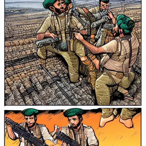 Image similar to kurdish peshmerga comic art by mike allred, highly detailed, award winning art