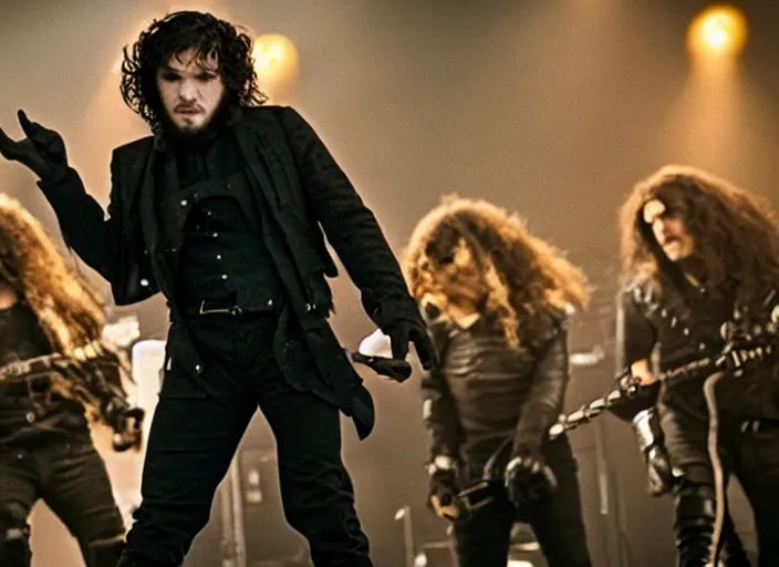 Image similar to promotional image of a kit harrington in a heavy metal band in a movie from 1978, rugged black clothes, detailed face, movie still frame, promotional image, imax 70 mm footage