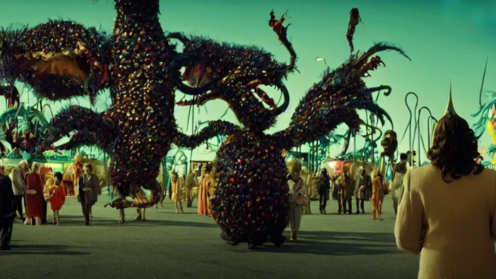 Image similar to the strange creature at the carnival, , film still from the movie directed by Denis Villeneuve with art direction by Salvador Dalí, wide lens