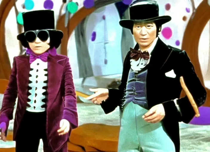 Prompt: film still of Takeshi 69 as Willy Wonka in Willy Wonka and the Chocolate Factory 1971