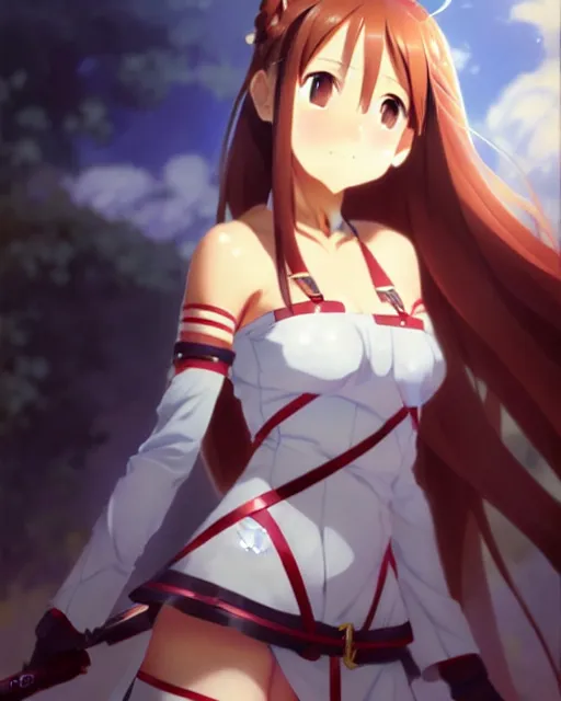 Image similar to very cute photo of asuna from sao, asuna by a - 1 pictures, by greg rutkowski, gil elvgren, enoch bolles, glossy skin, pearlescent, anime, very coherent