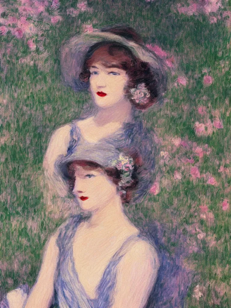 Image similar to portrait of < zelda fitzgerald > as a beautiful young lady wearing 1 9 2 0 s fashion, blurry face, fair, slim, fair, severe out of focus, depth of field, pleinairism, in the sun, backlit, closeup, oil on canvas, atr by monet, in the style of le promenade, smooth, impressionnisme, 8 k