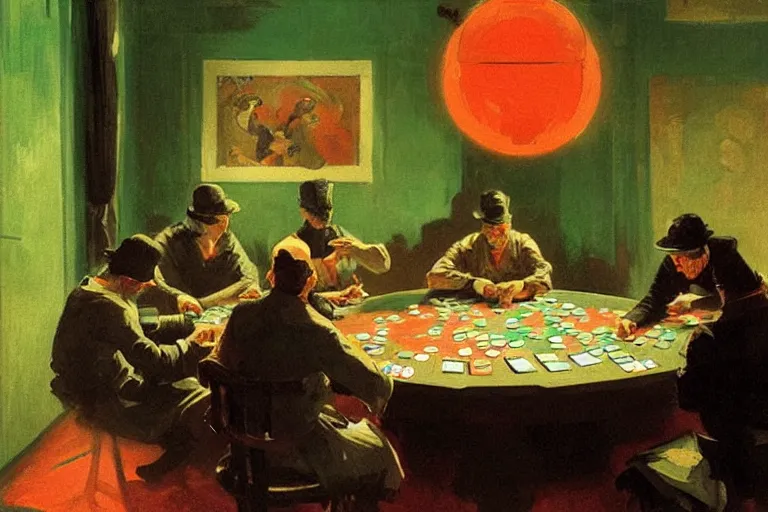 Image similar to ninjas playing poker, inside a tiny green room with red lights by joaquin sorolla, greg rutkowski, hokusai