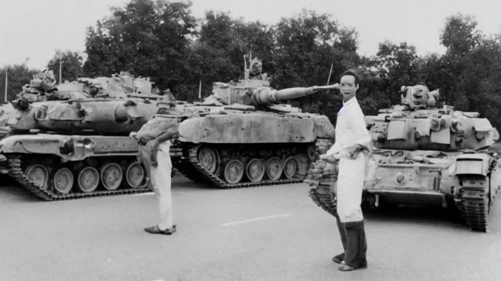 Prompt: old historic photograph of a single person in white shirt, holding white grocery bags, standing on the road facing four battle tanks approaching him