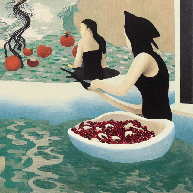 Image similar to female emo art student in her bath, painting of flood waters inside an artist's feminine bathroom, a river flooding indoors, pomegranates, pigs, ikebana, water, octopus, river, rapids, waterfall, black swans, canoe, berries, acrylic on canvas, surrealist, by magritte and monet