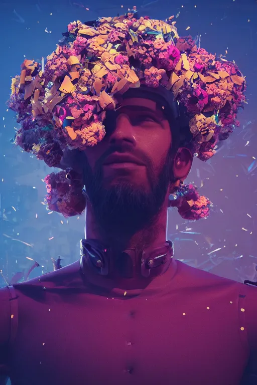 Prompt: a man with a flower crown on his head, cyberpunk art by filip hodas, mike winkelmann, cgsociety, afrofuturism, retrofuturism, made of flowers, octane render, rendered in cinema 4 d