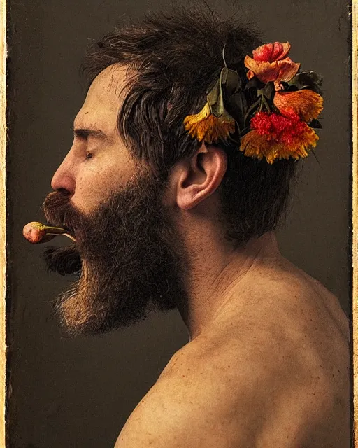 Image similar to a man's face in profile, long beard, flowers and fruit coming out of his mouth, in the style of the Dutch masters and Gregory Crewdson, dark and moody