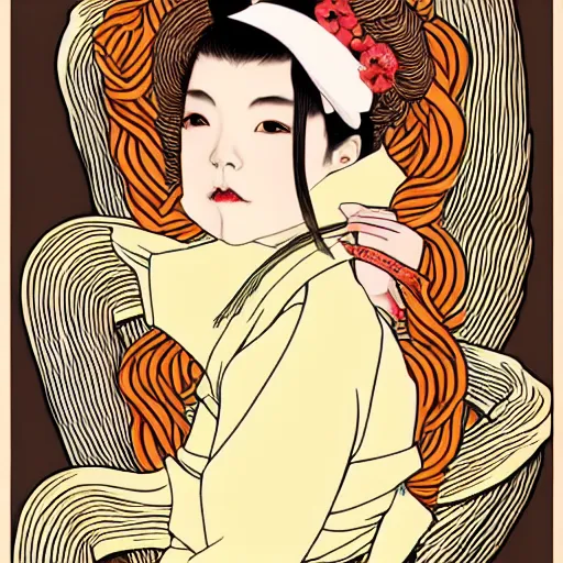 Prompt: beautiful japanese fashion model female in ramen clothes portrait in the style of art nouveau anya taylor - joy
