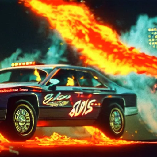 Image similar to Film still of Los Angeles Vice Squad 2050 (1990). Epic chase scene where the villian drives his flaming car off cliff. Sigma 85mm f/8