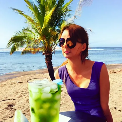 Image similar to alien drinking a mohito at the beach