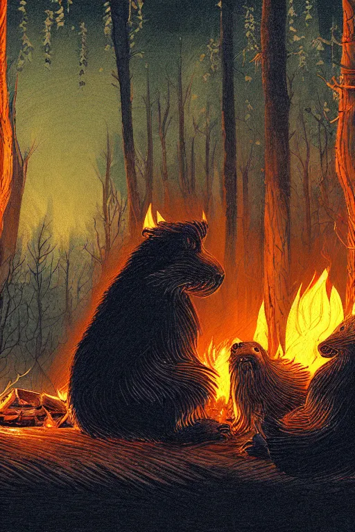 Image similar to an illustration of two evil beavers sitting next to a campfire in a dark forest at night, epid, digital drawing, beautiful, highly detailed, cinematic style, poster