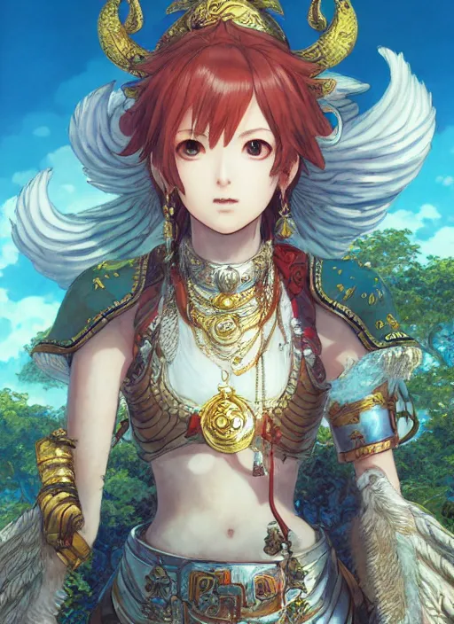 Image similar to character portrait of the pearl herald at the sky temple, hidari, color page, tankoban, 4K, tone mapping, Akihiko Yoshida.