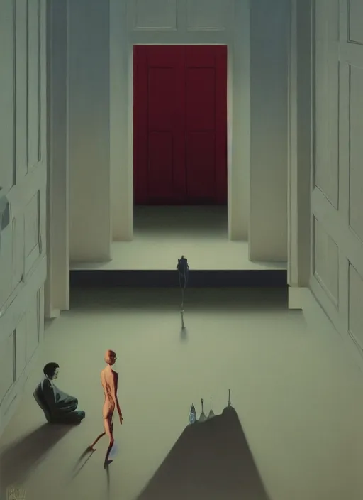 Image similar to time does not exist anymore by edward hopper and james gilleard, zdzislaw beksinski, open ceiling, highly detailed, painted by francis bacon, painted by james gilleard, surrealism, airbrush, ilya kuvshinov, wlop, stanley artgerm, very coherent, art by takato yamamoto and james jean