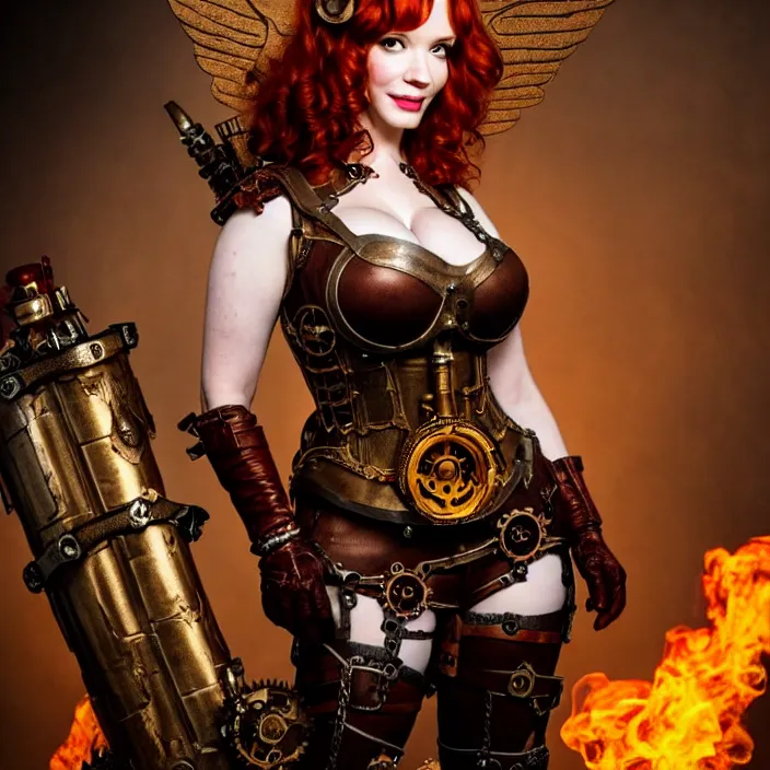 Prompt: full length photo of christina hendricks as a steampunk valkyrie, highly detailed, 4 k, hdr, smooth, sharp focus, high resolution, award - winning photo