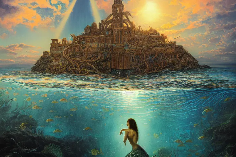 Prompt: a beautiful painting of the lost city of Atlantic city under water, ray of sunlight, mermaid in distance, Mohrbacher