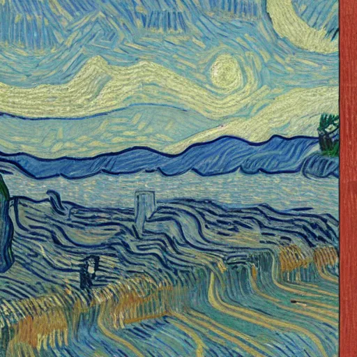 Image similar to Big bear lake California drawn by Vincent van Gogh, 8k