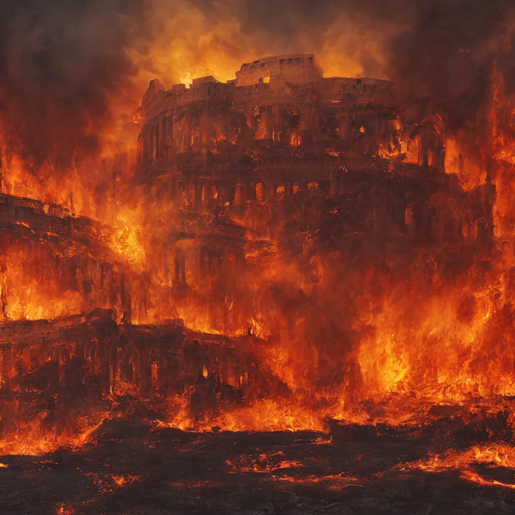 Image similar to painting of the great fire of rome, abstract, realism, 8 k, detailed, terror, octane render, 3 d render, complex, glow, cinematic, emotion