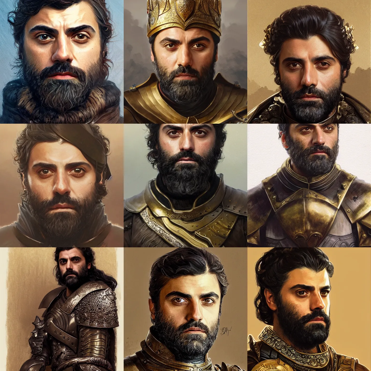 Prompt: portrait of bearded oscar isaac wearing a bronze crown and armor, elegant, intricate, headshot, D&D, fantasy, highly detailed, digital painting, artstation, concept art, sharp focus, illustration, art by artgerm and greg rutkowski and alphonse mucha