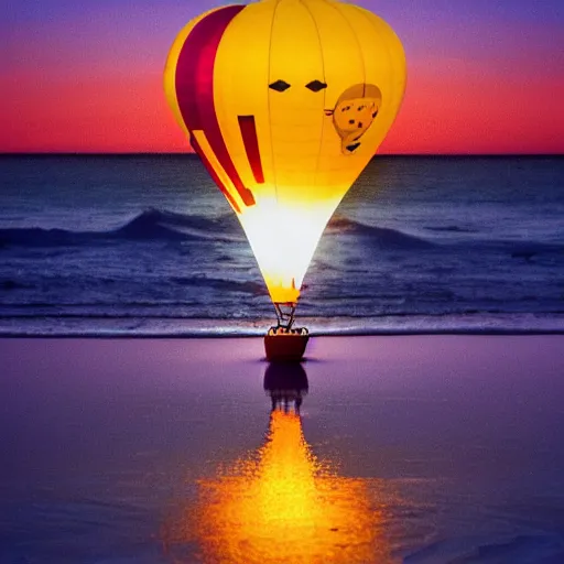 Prompt: a hot air balloon floats over a beach at violet sunset, whimsical art style