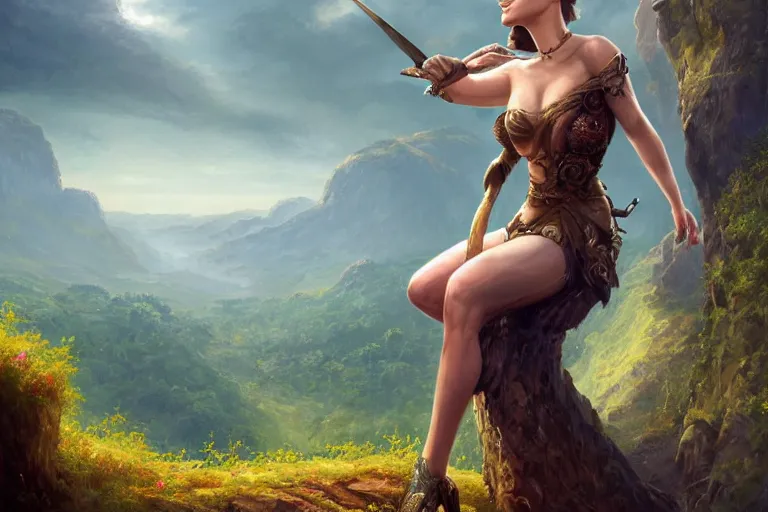 Image similar to alluring illustration of Natalie Portman, posing on the edge of a cliff overlooking a forested valley, clothed in a chesty fantasy outfit, realistic, intricate details, 8k resolution matte fantasy painting, cinematic lighting, trending on Artstation, Jason Felix Steve Argyle Tyler Jacobson Peter Mohrbacher