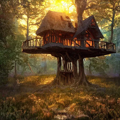 Prompt: an old mystical treehouse in the middle of witchwood swamp, golden hour, ray tracing reflection, 8k, hyper realistic, insanely detailed, hdr, octan render,