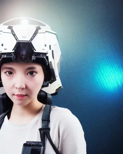 Image similar to centered medium shot fine studio photograph of a beautiful girl wearing only a mecha electronic Apache helmet with bright lights, ultra-realistic, white background, 8k HDR sunset lit, intricate