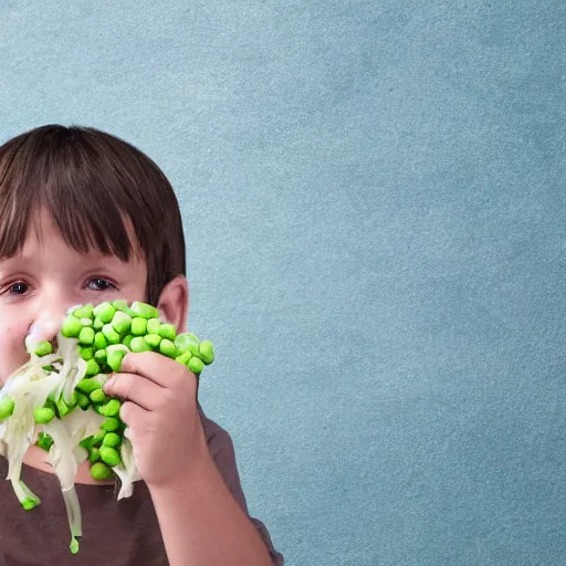 Image similar to a child with a runny nose and sauerkraut arms running over peas