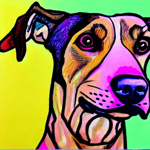 Prompt: a colorful drawing of a surprised dog