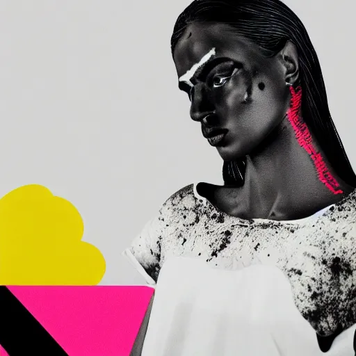 Image similar to black marble statue of a beautiful woman in the style of virgil abloh with in the background colorful motocross logos and traffic signs, colored smoke clouds, very very beautiful, detailed, off white, heron preston, 8 k, 4 k, detailed, beautiful, symmetrical, vogue, editorial, fashion, magazine, soft lighting