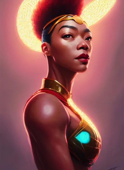 Image similar to portrait of modern darna, sonequa martin - green, intricate, elegant, glowing lights, highly detailed, digital painting, artstation, glamor pose, concept art, smooth, sharp focus, illustration, art by wlop, mars ravelo and greg rutkowski