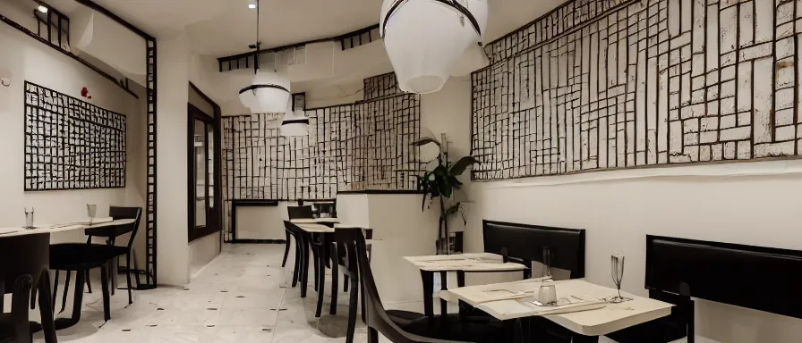 Image similar to a beautiful simple interior 4 k hd wallpaper illustration of small roasted string hotpot restaurant restaurant yan'an, wall corner, from china, yan'an characteristic wall and white tile floor, rectangle white porcelain table, black chair, fine simple delicate structure, chinese style, simple style structure decoration design, victo ngai, 4 k hd