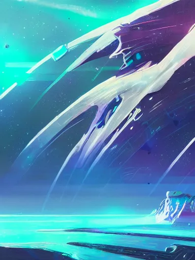 Image similar to concept art of an alien outer space galaxy, open expanse, stars, meteorites, floating debris, beautiful, fantasy, colorful, cinematic lighting, artstation, trending, highly detailed, focus, smooth, by studio ghibli, rossdraws, hirohiko araki, conrad roset, yoshitaka amano