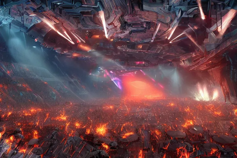 Prompt: a futuristic epic rock concert with flames and laser, huge clouds of smoke and bright beams of light, the crowd are screaming in ecstasy, hypermaximalistic, high details, cinematic, 8k resolution, beautiful detailed, insanely intricate details, artstation trending, octane render, unreal engine