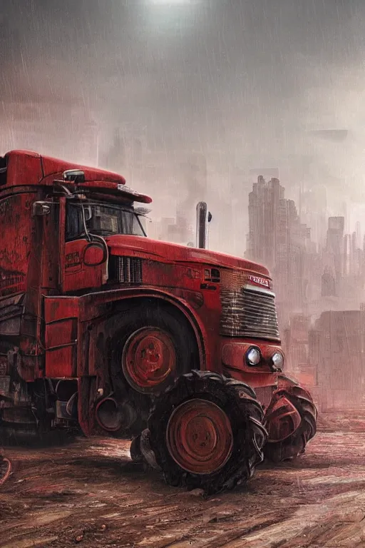 Image similar to a highly detailed beautifuly rendered, tractor that pulls a tank, thick dust and red tones, bladerunner, cyberpunk, lost city, hyper - realistic environment, epic concept art