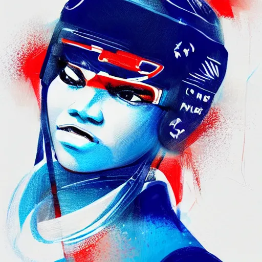 Prompt: close up portrait Zendaya as a futuristic ice hockey player, blue red and white, painted by Conrad Roset, detailed brushstrokes