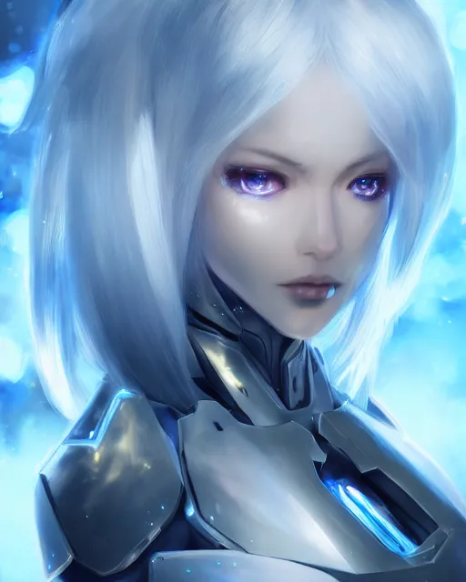 Image similar to perfect white haired girl, warframe armor, beautiful, dreamy, half asian, pretty face, blue eyes, detailed, scifi platform, laboratory, experiment, 4 k, ultra realistic, epic lighting, cinematic, high detail, masterpiece, akihito tsukushi