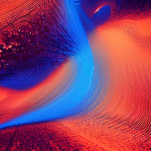 Image similar to wave of particles, blue, orange, and brown colors, featured on behance, generative art, uhd image, fractalism, painterly, refik anadol, media art, media facde, motion graphic, particles, fluids, 3 d, rendering, octane, c 4 d